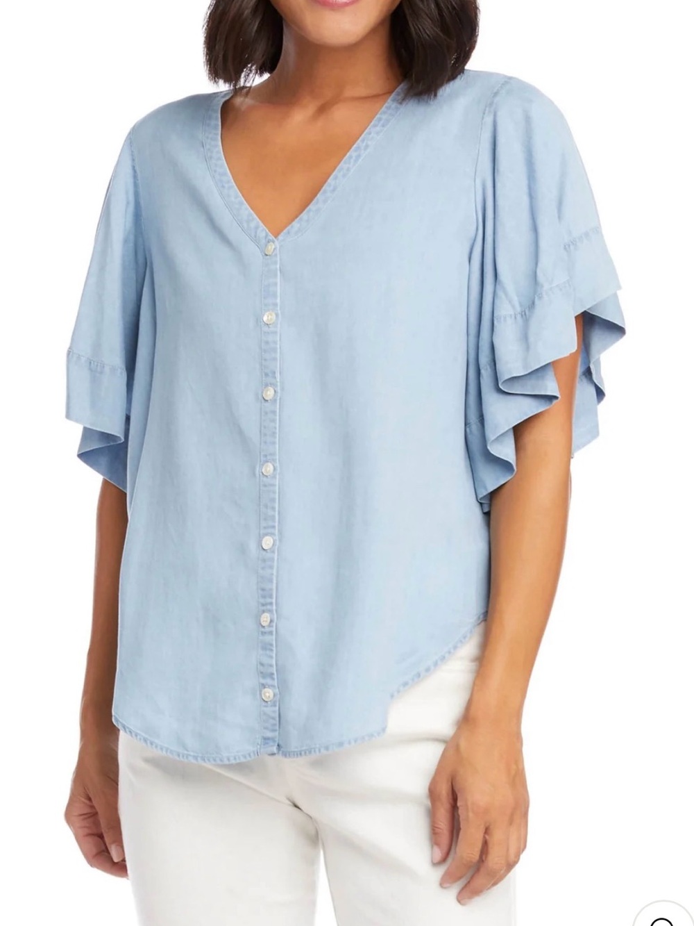 Karen Kane Light Blue Button-Front V-Neck Ruffle Sleeve Top